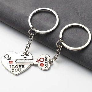 NEW Heart & Key 2pc Keychain Couples I Love You  Silver Bag Charm Rings GIFT